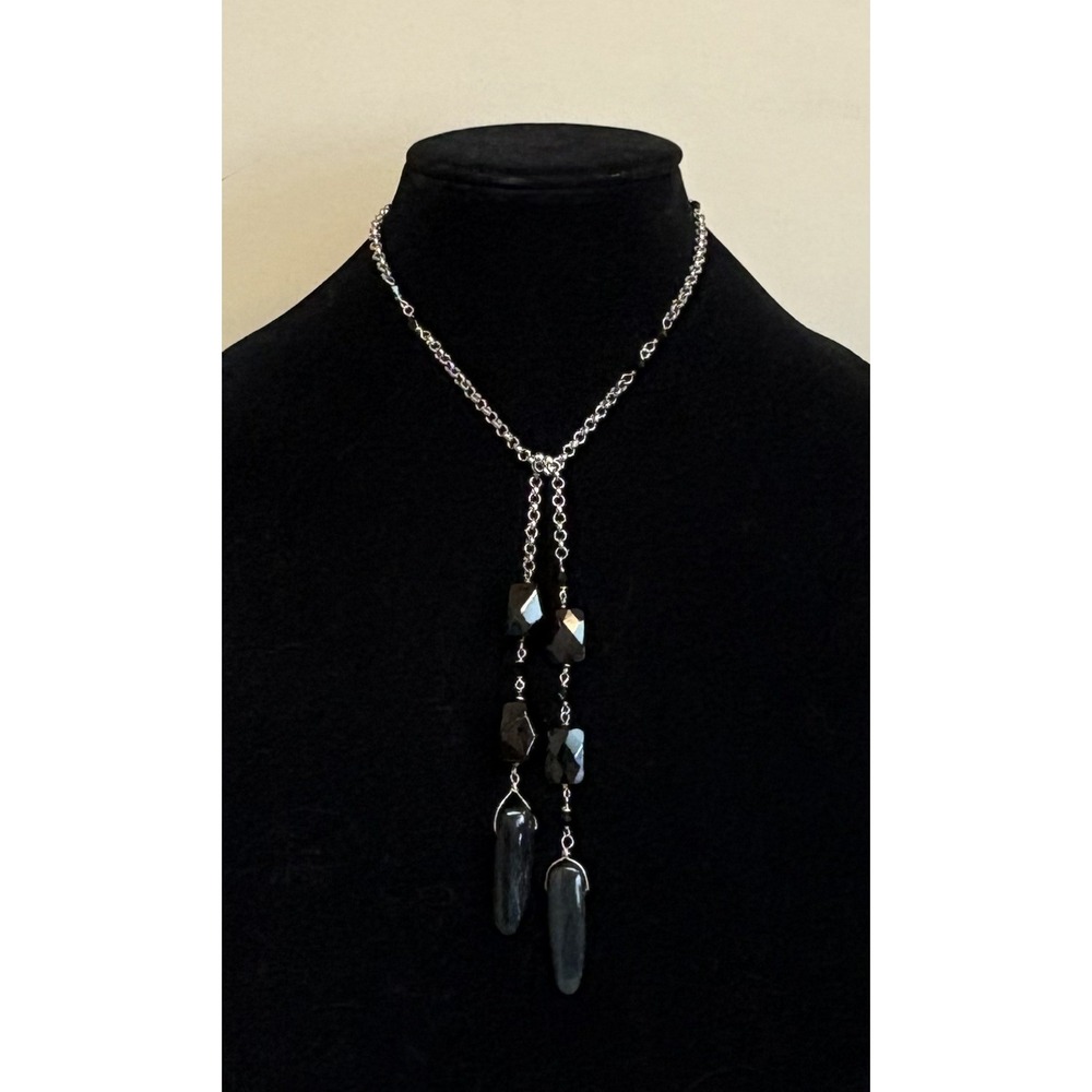 Vintage Black Onyx Glass Beads Sterling Silver Chain "Y" Drop Tie Necklace